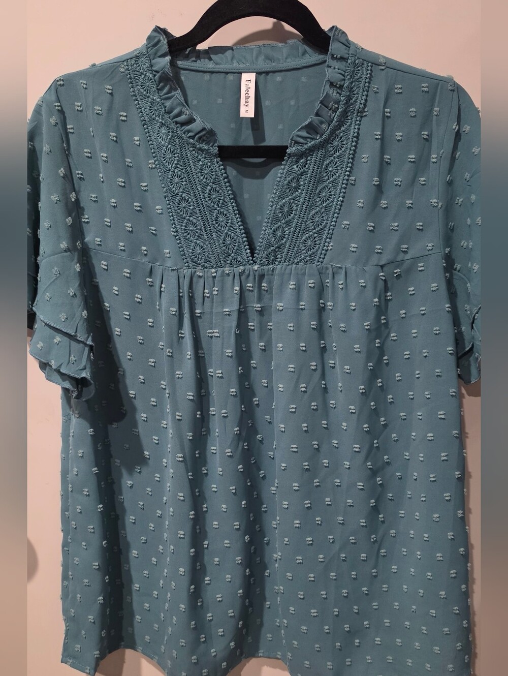 Textured Teal V-Neck Peasant Tunic with Crochet Trim